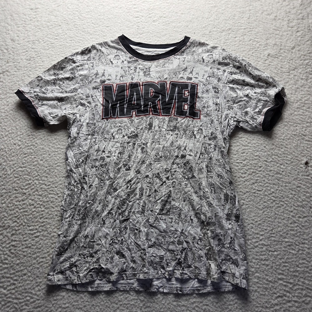 Marvel Ringer Shirt Mens Medium White Comic Strip Allover Graphic Tee
